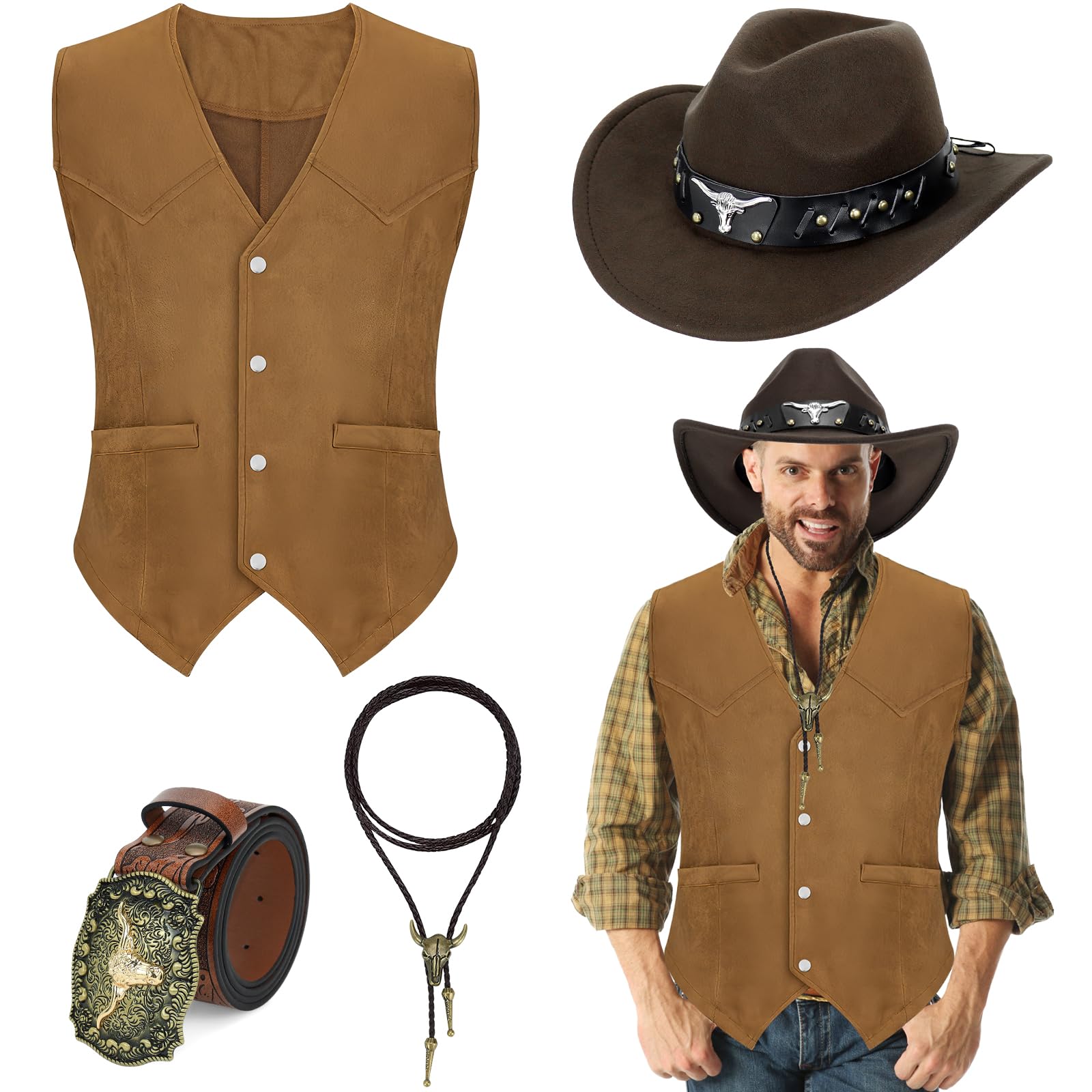 JTKDG 4 Pcs Western Cowboy Fancy Dress Accessories Set Wild West Cowboy Outfit Kit for Men Suede Leather Vest Hat Necktie Buckle Belt for Halloween Costume Party (Brown