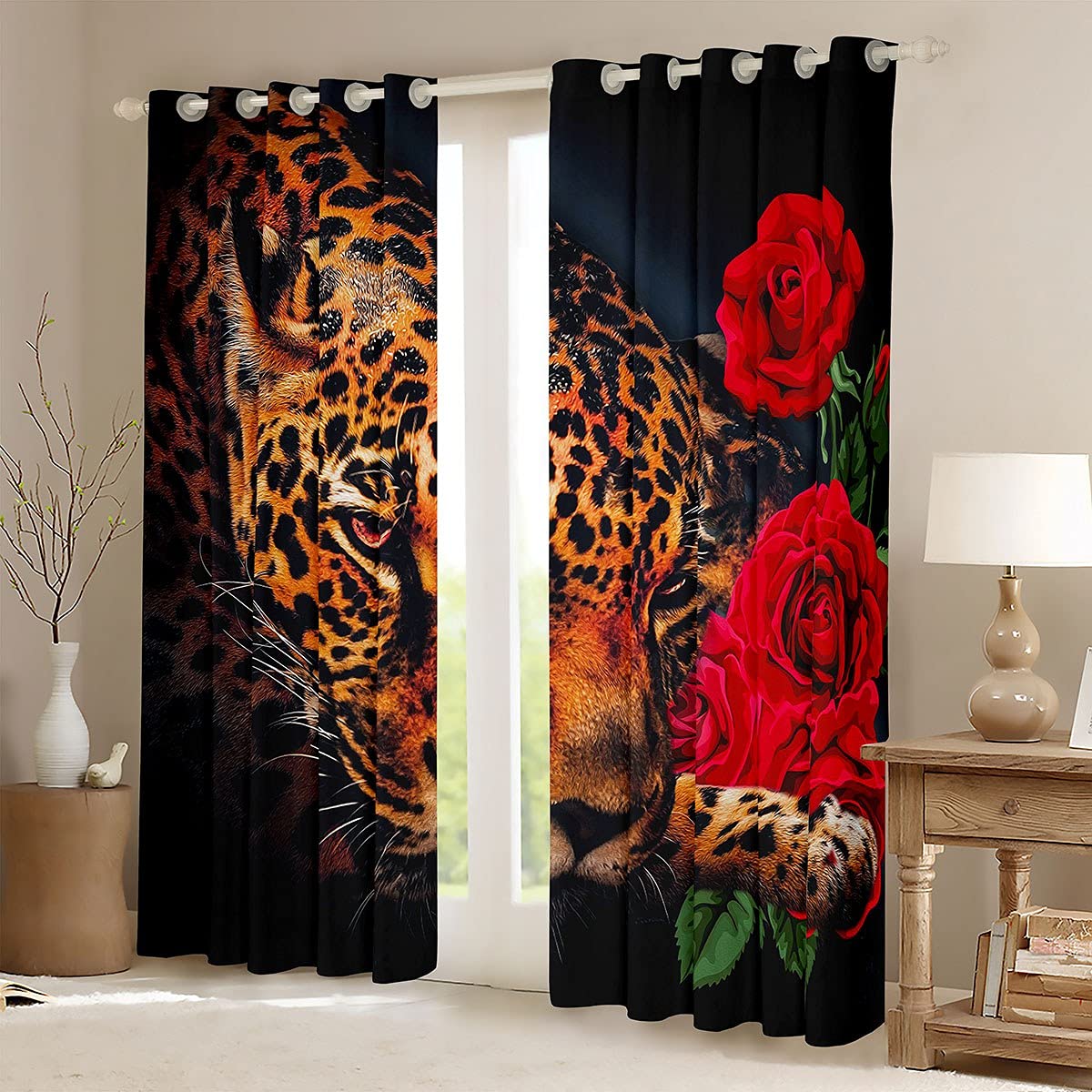 Feelyou Leopard Window Curtains for Bedroom Living Room Red Rose Blooming Floral Curtains for Kids Boys Girl Safari Cheetah Print Window Drapes Wild Animal Branches Decor Window Treatments