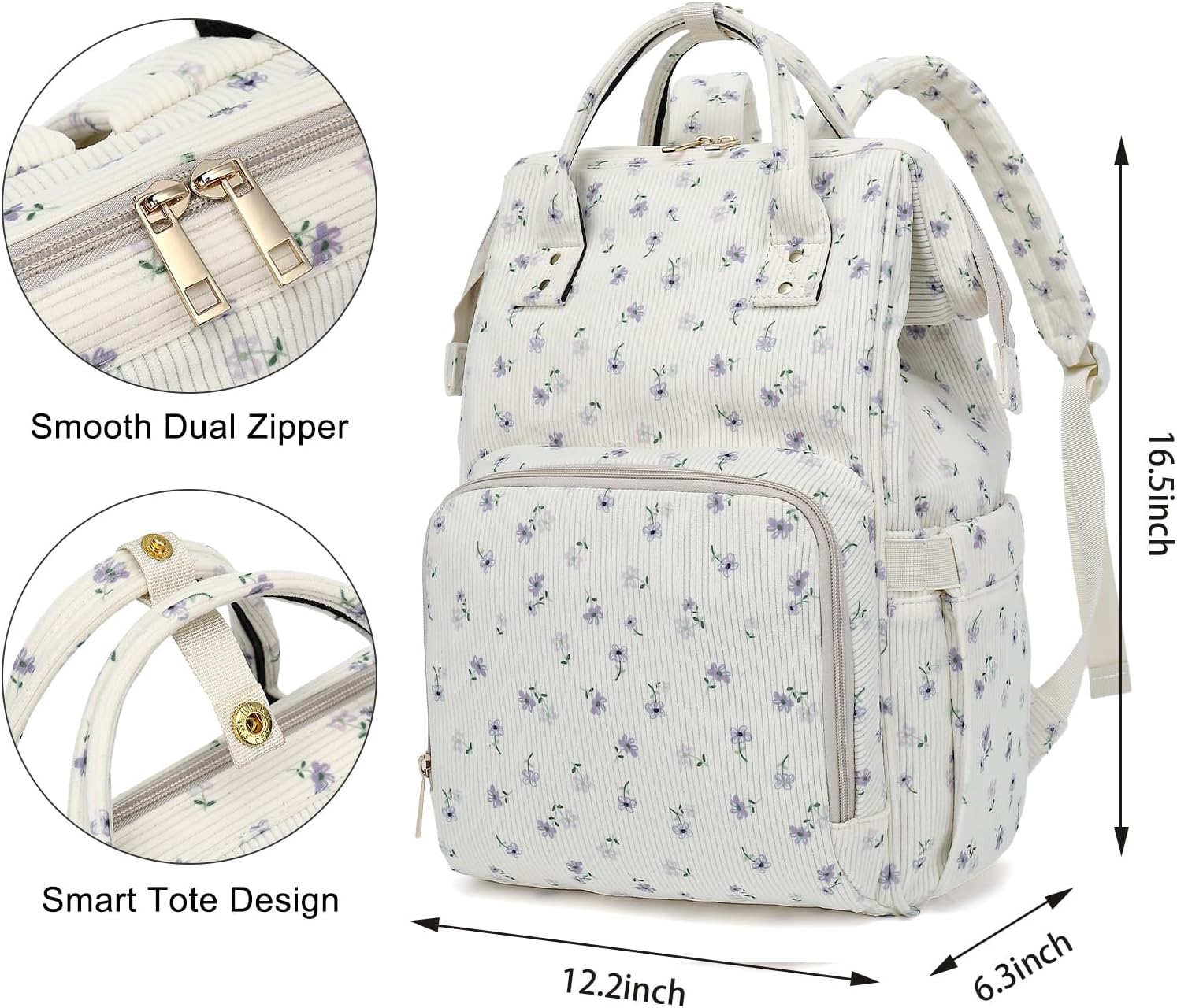 Laptop Backpack for Women, Corduroy College School Backpack Bookbag 15.6 inch Business Computer Travel Backpack (Flowers Purple) - Image 5