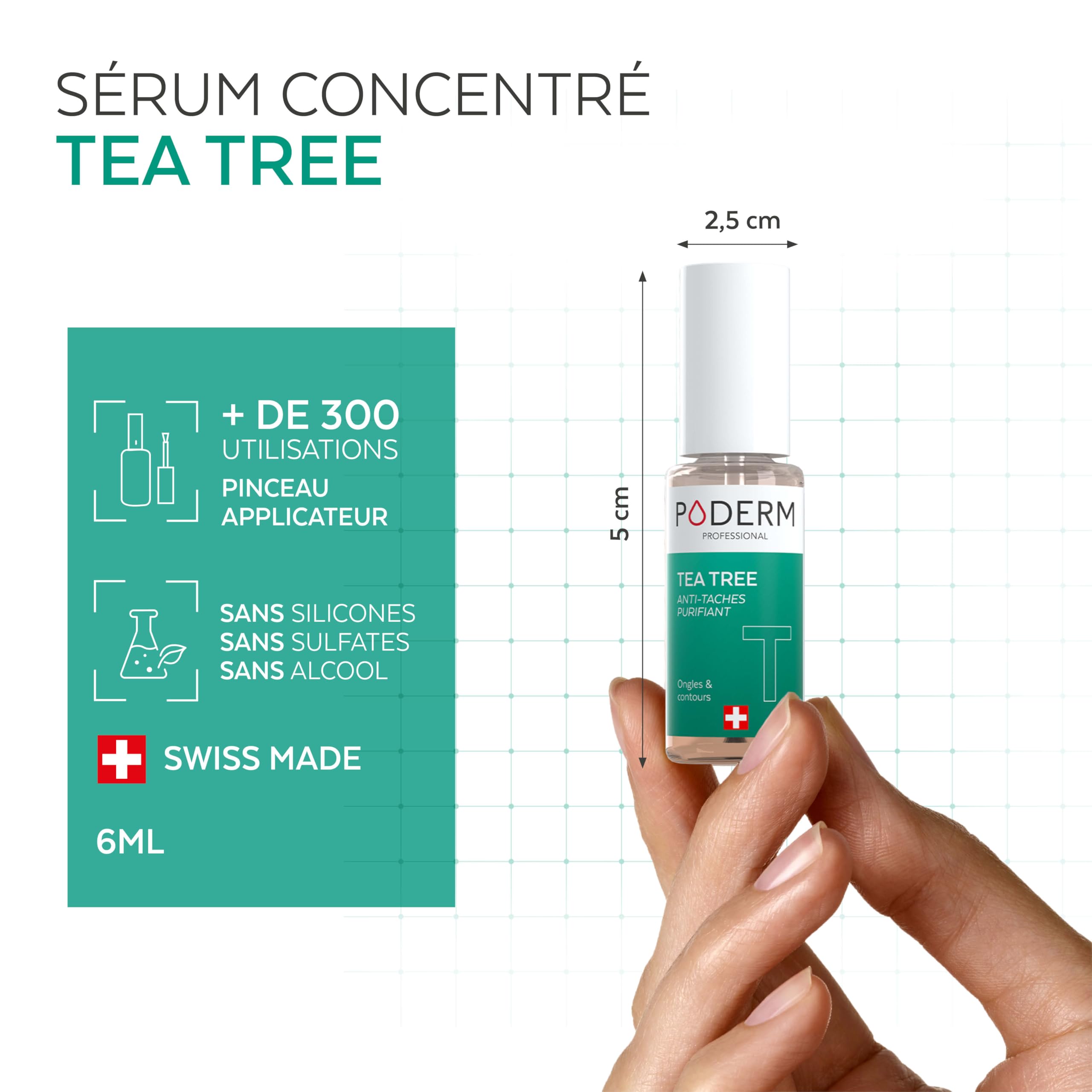 Poderm 5 en 1 Sérum Booster Ongles - Tea Tree | Soin Anti-Tâches & Réparateur pour Ongles Abîmés - 6 ML | Nourrit & Clarifie | Huile Essentielle 100% Naturelle | Développé par un Podologue en Suisse