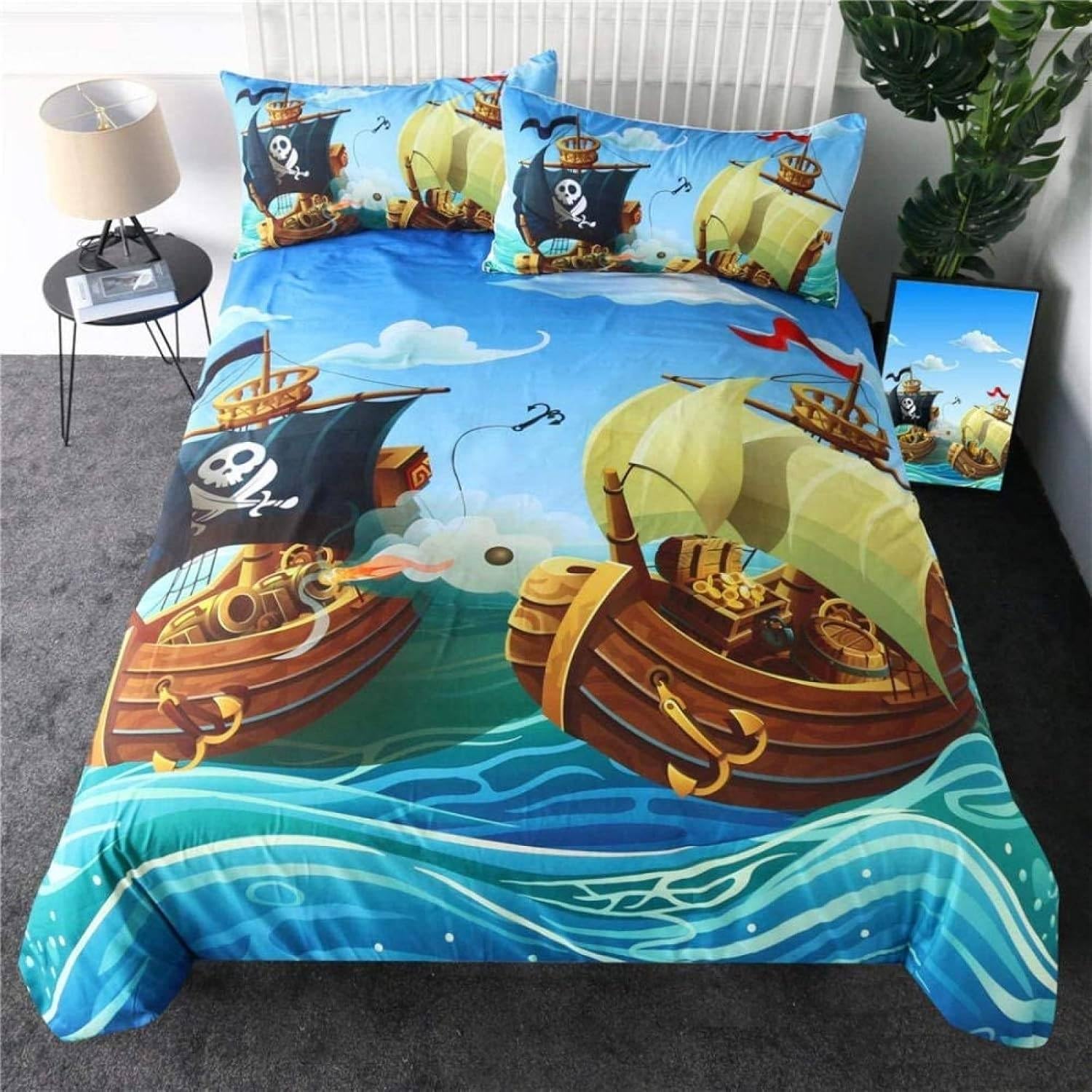 Zestaw pościeli w rozmiarze Super King Cartoon Pirate Ship Poszewka na kołdrę z zapięciem na zamek błyskawiczny Pościel dla dzieci Miękka oddychająca poszewka z mikrofibry 260 x 220 cm + 2
