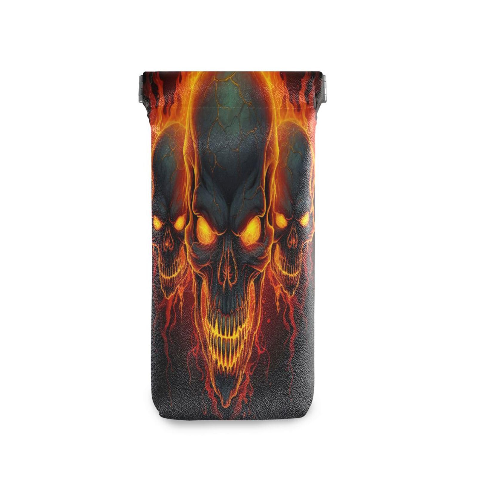 FLildon Fire Skulls Eyeglasses Pouch Squeeze Top Sunglasses Case Soft PU Leather Eyeglass Bag for Men Women