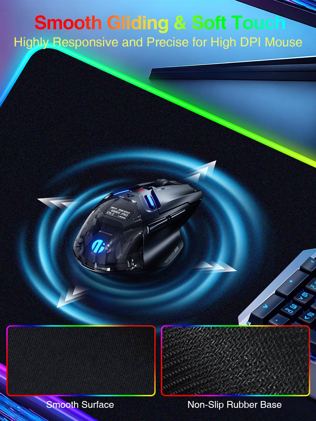 Tappetino per mouse da gioco RGB 2 in 1 con ricarica wireless per telefono, 80 x 40 cm, 24 effetti di luce, base antiscivolo, superficie ultra liscia impermeabile, nessun adattatore