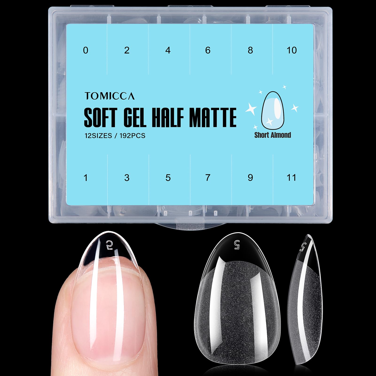 TOMICCA Mandel Kurz Nageltips-Tips für Gelnägel Falsche Nagelspitzen Nail Tips für Nagelverlängerung und Nail Art DIY Nagelstudio zu Hause 12 Größen Künstliche Gel Nail Tips 192 Pieces