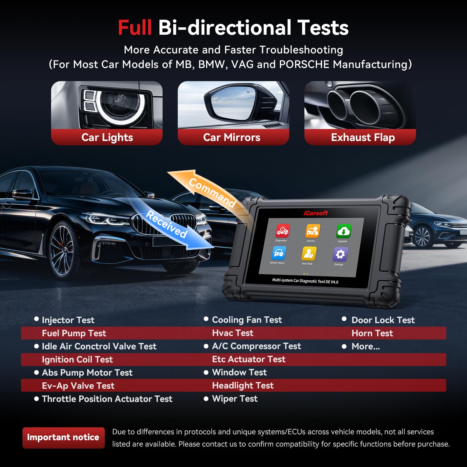 iCarsoft DE V4.0 - Herramienta de escaneo de diagnóstico bidireccional para la mayoría de modelos de automóviles Mercedes-Benz, BMW, V.A.G y Porsche Manufacturing Group, escáner OBD2 de hasta 42