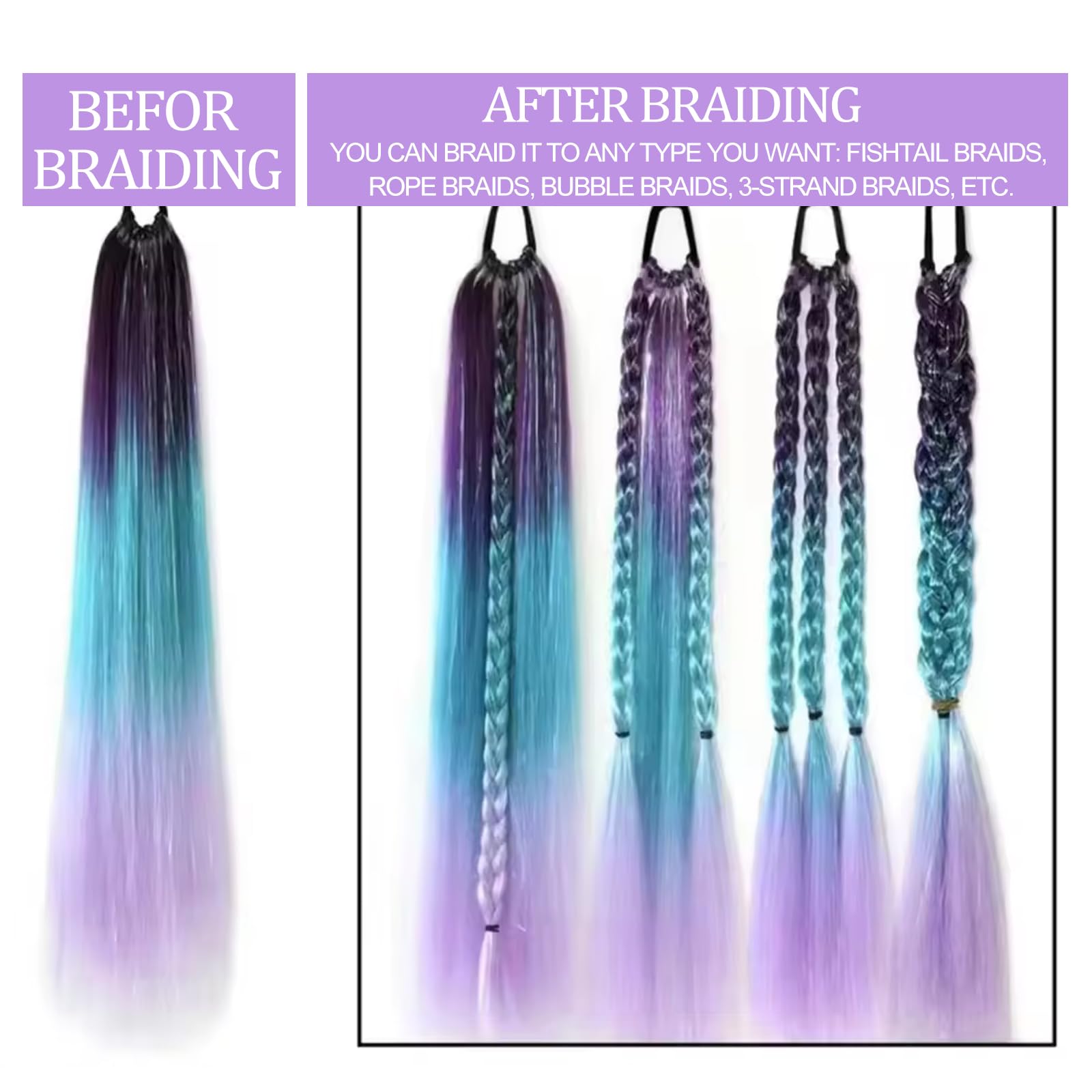 1 Packs 26 Inch Rainbow Ponytail Hair Extensions with Tinsel Hair for Jumbo Braiding Hair Extensions Soft Yaki Straight Synthetic Hair Glitter Ponytail for Girls DIY Braids (purple-blue-light purple) - Image 3