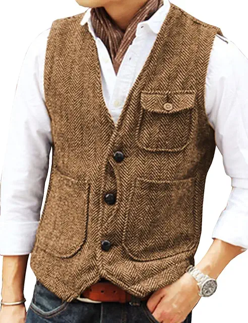 Gilet Homme Vintage Tweed Sans Manche Laine Mariage Décontracté Col V