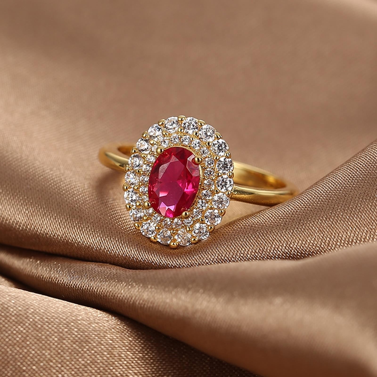9 Karat/14 Karat/18 Karat Gelbgold Damen Ring Laborgeschaffener Rubin Rot, Damen Ring Halo