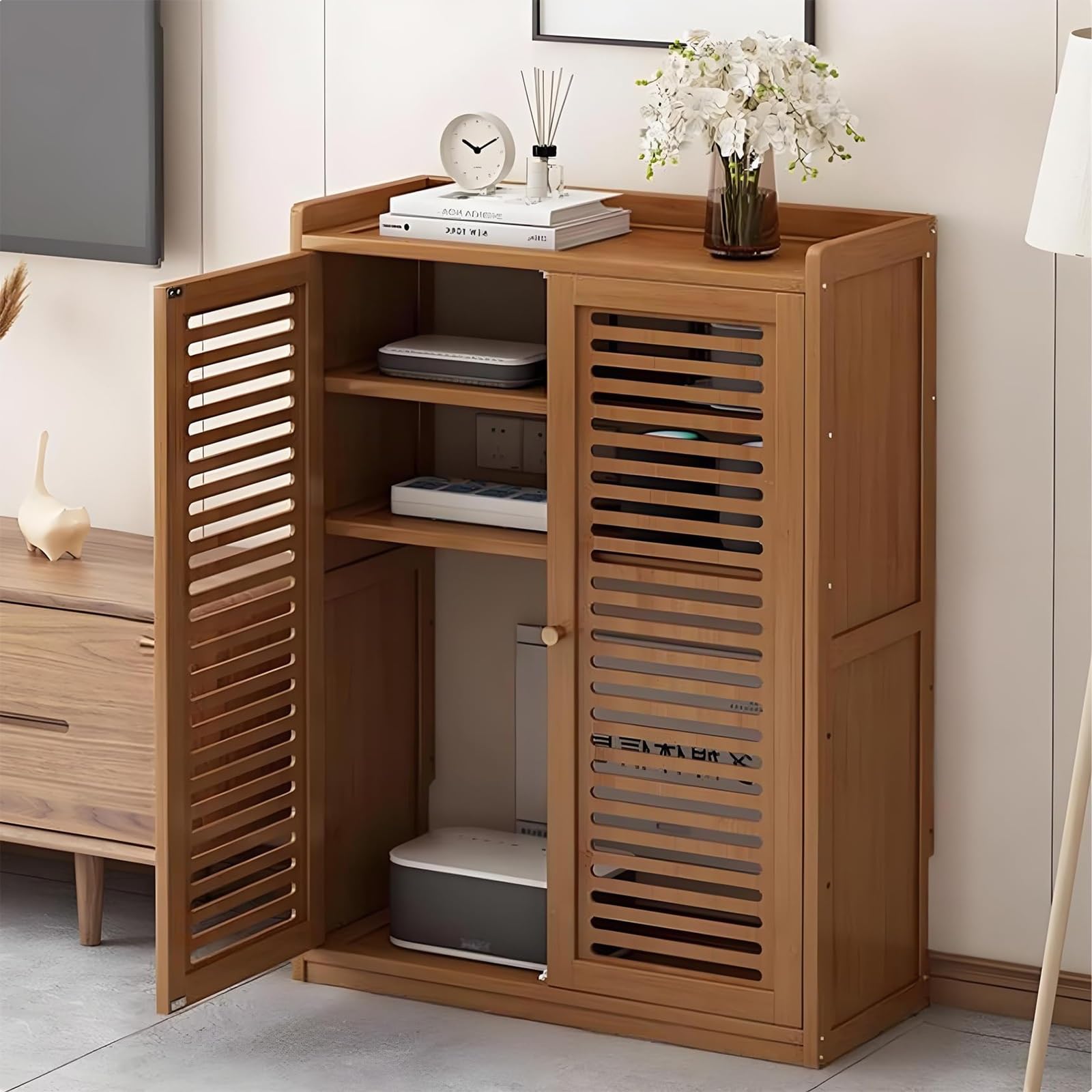 Générique Meuble de Rangement pour routeur Wi-FI en Bambou, étagères réglables, Compartiment dissimulé, Meuble multimédia autoportant pour Salon et Chambre, 82 cm, Finition Marron