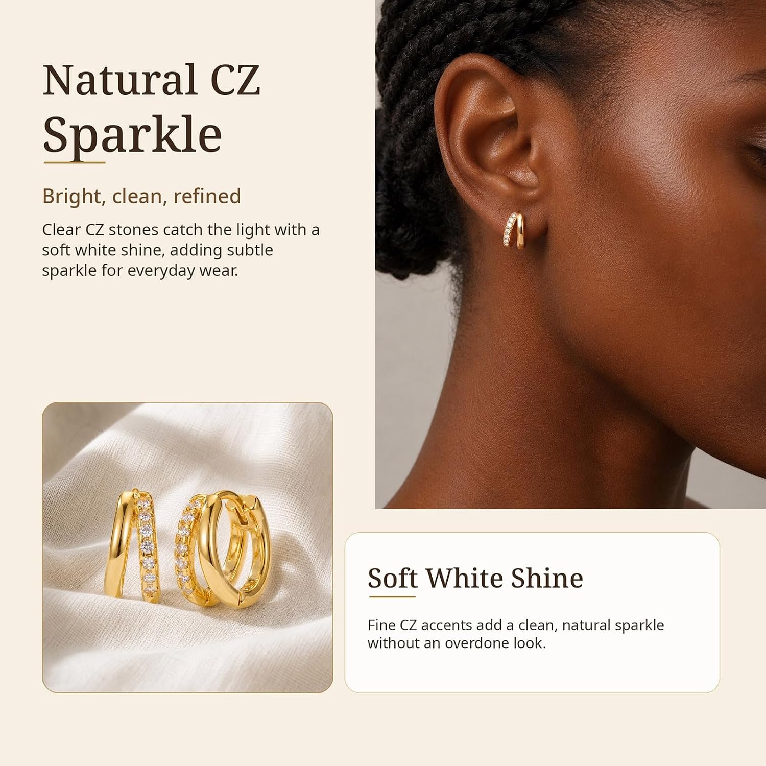 Small Gold Huggie Hoop Earrings for Women, Cubic Zirconia Double Hoops | Hypoallergenic for sensitive ears, non tarnish, dainty lightweight close fit, stacked look for daily wear