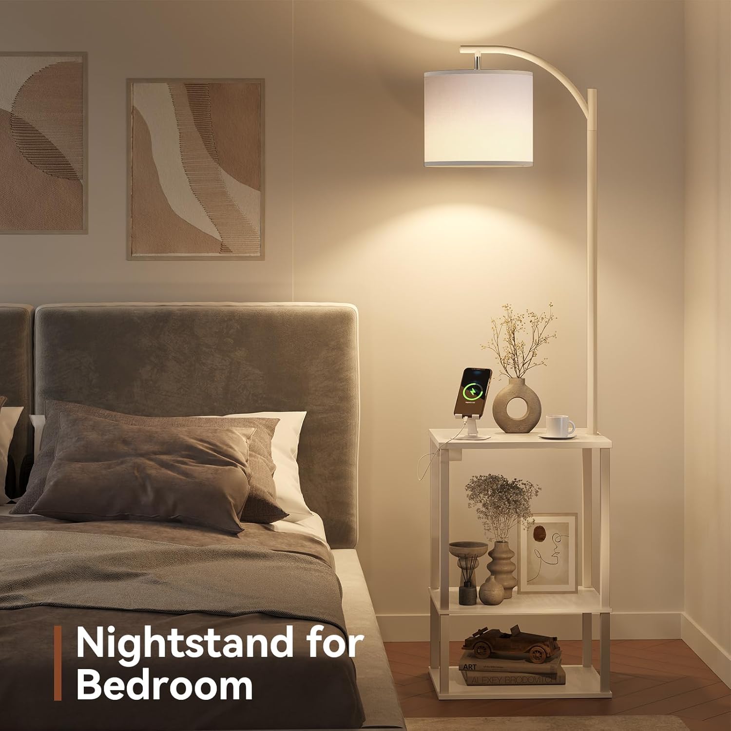 SUNMORY Floor Lamp with Table, End Table for Living Room with Lamp, Shelves Side Table with Charging Station(USB & AC Port), 3 Color Temperature LED Bulb, Modern Nightstand Lamp for Bedroom, Office