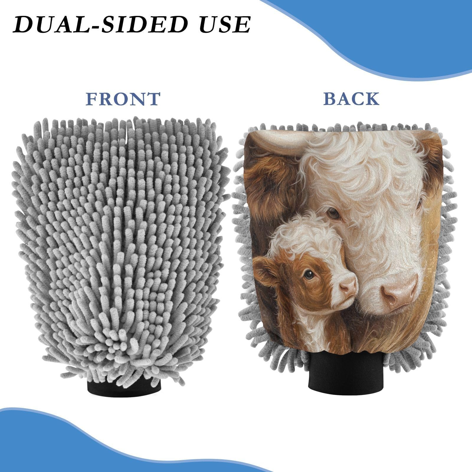STAYTOP Cute White Brown Cow Car Wash Mitt Microfiber, 2Pcs Scratch Free Lint-Free, Premium Chenille Microfiber Mitt Car Wash Brush-L