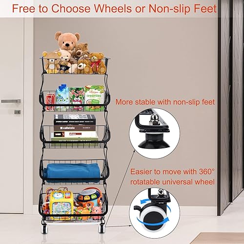 Miniatura 4 de Toplife Cesta de frutas de 5 niveles para cocina, carrito de almacenamiento de frutas, verduras y aperitivos con ruedas, soporte organizador para