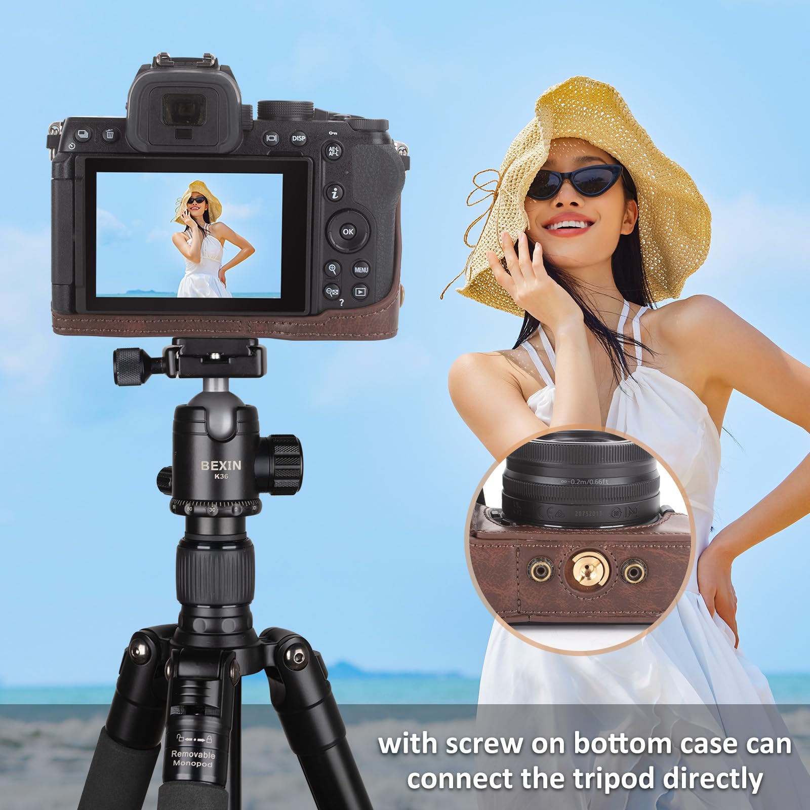 MUZIRI KINOKOO Etui do aparatu Nikon Z50 II z obiektywem DX 16-50 mm, etui ochronne ze skóry PU Z50 II/Z50II – zdejmowany futerał z paskiem na ramię i małymi pierścieniami, Kawa, Etui na aparat