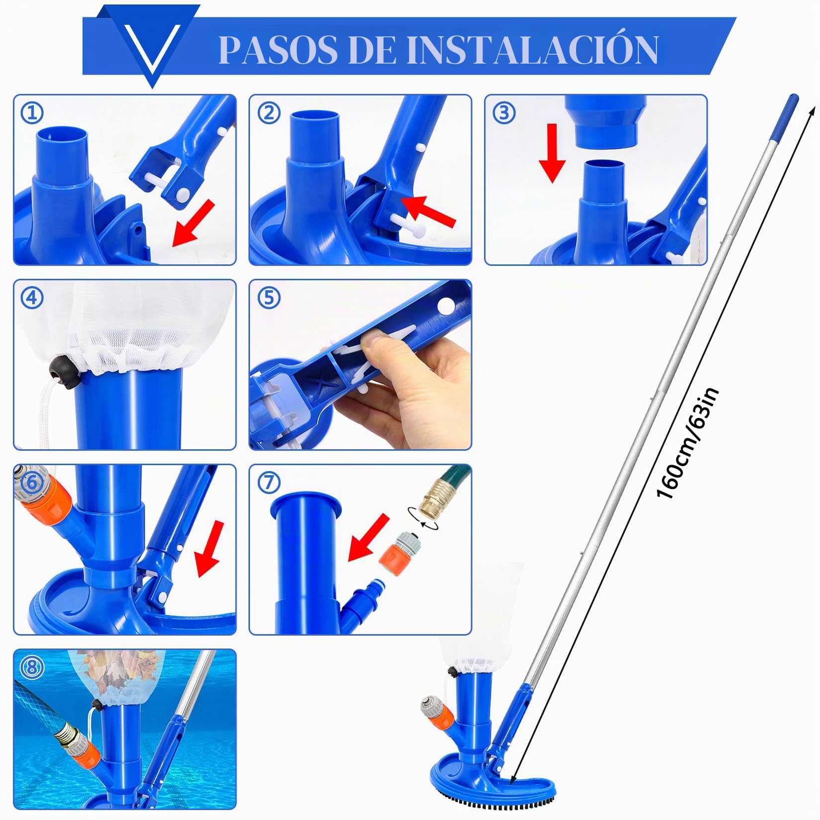Idota Aspirador de piscina de 160 cm, juego de aspiradora de suelo para piscina con cepillo curvado ampliado, 4 barras de aluminio reforzadas y extendidas extraíbles, suelo de piscina, aspiradora para