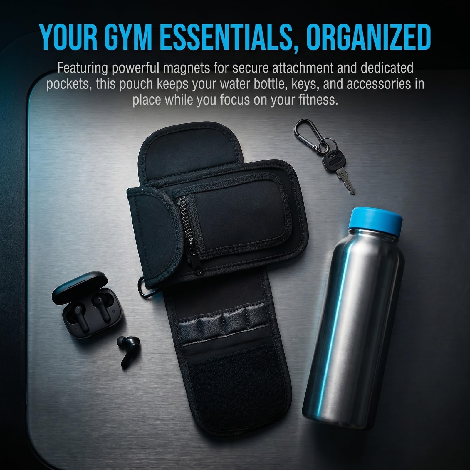 Bolsa Magnetica Gym con Mosquetón Bolsas De Fitness Bolsa Magnética de Gimnasio Bolsas Magnética con Compartimentos para Móviles Tazas Llaves para Deporte Hiking y Uso al Aire Libre, Negro