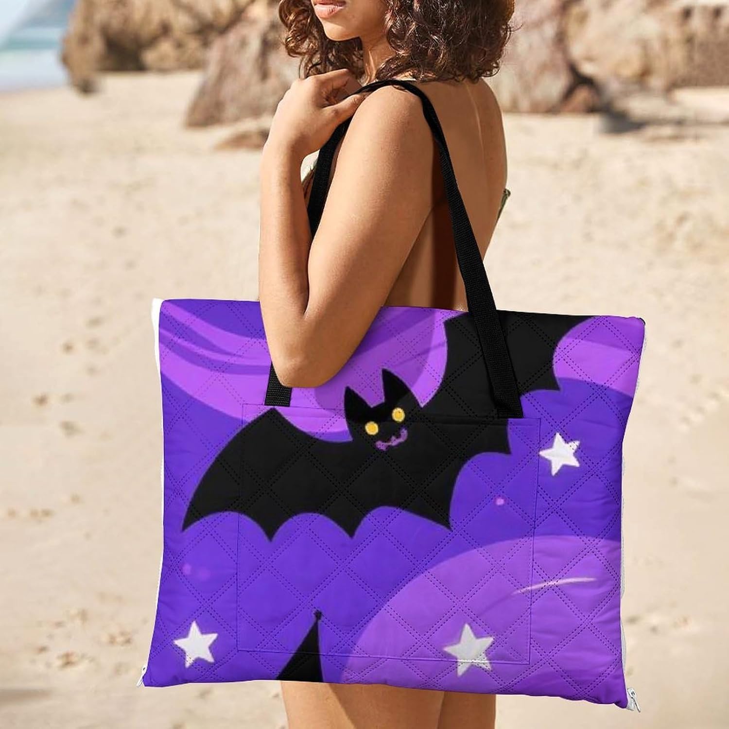 Halloween Purple Night Picnic Blanket 150x150cm, Foldable 2-in-1 Picnic Mat and Tote Bag Portable Waterproof Beach Mat Sandproof Outdoor Blanket for Park, Hiking, Beach, Camping, Travel