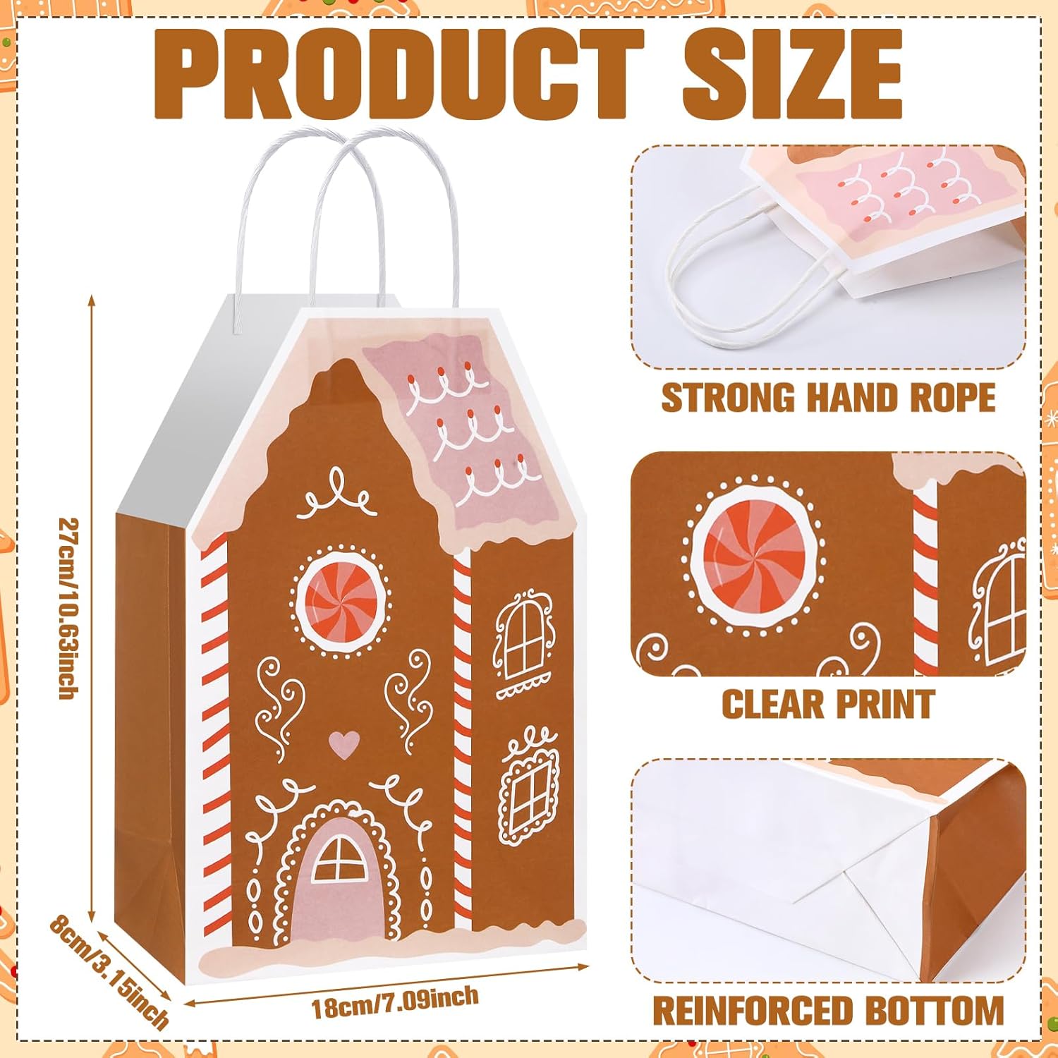 Kolldenn 24 Pcs Christmas Gingerbread House Gift Bags with Handles House Gingerbread Shaped Treat Candy Goodies Paper Bags Bulk Winter Snow Wrapping Paper for Christmas Holiday Party Favor (Pink) - Image 2