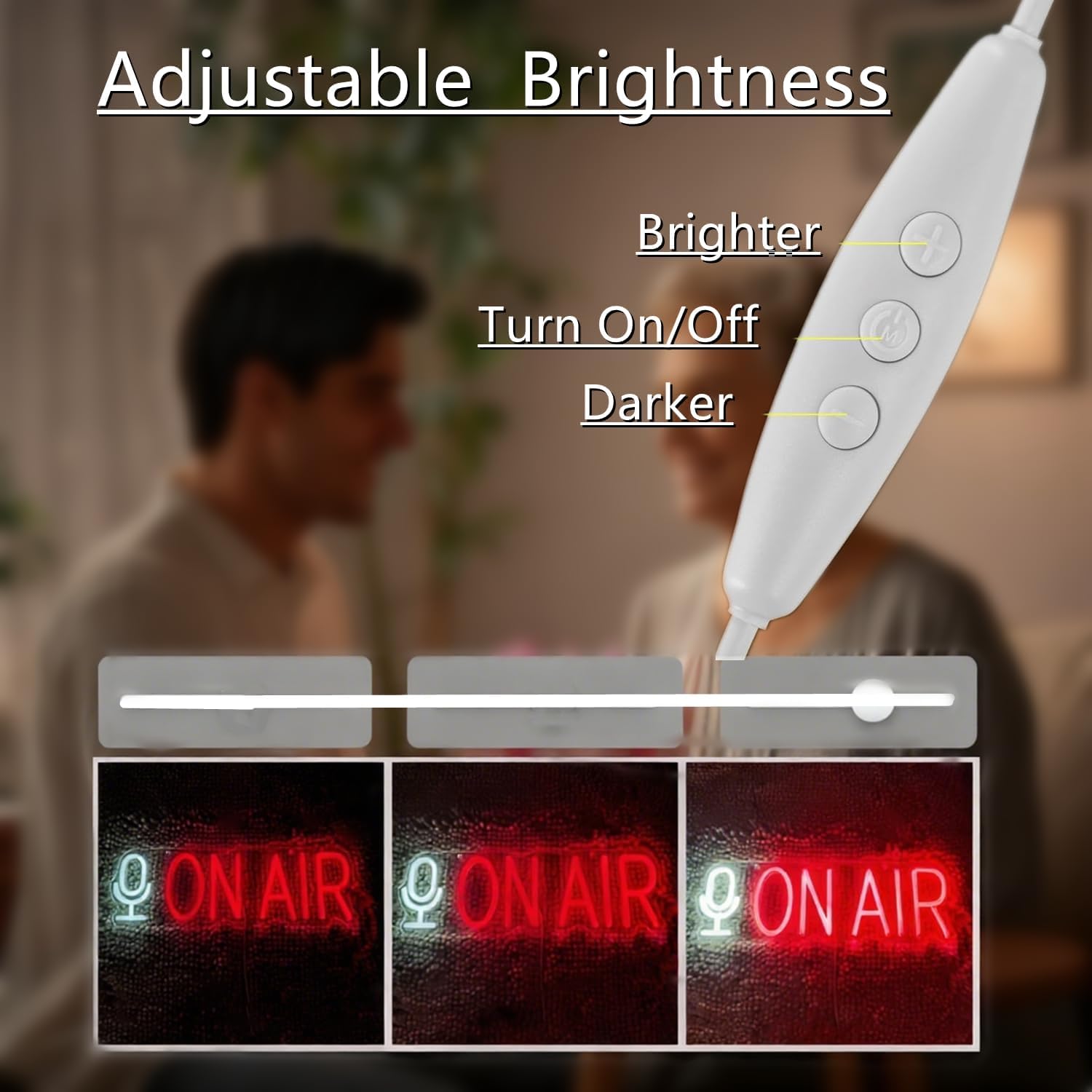 Neonowy szyld świetlny LED z akrylu On Air, lampy sztuki ściennej z przełącznikiem z możliwością ściemniania i 55 cm długim łańcuchem do zawieszania dla stacji radiowych, biura, sklepu, restauracji