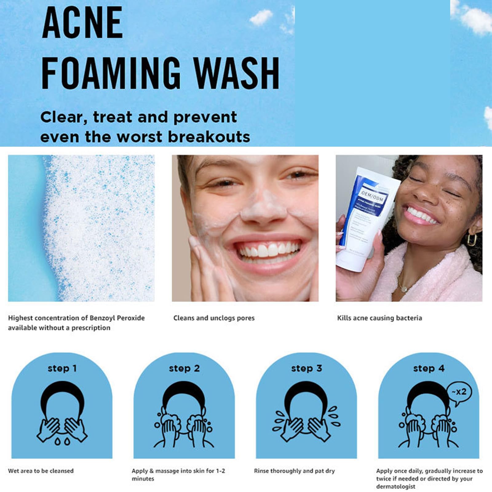 Acne Foaming Wash pianka do mycia trądziku, pianka do oczyszczania twarzy, kojąca pianka do codziennego czyszczenia skóry twarzy