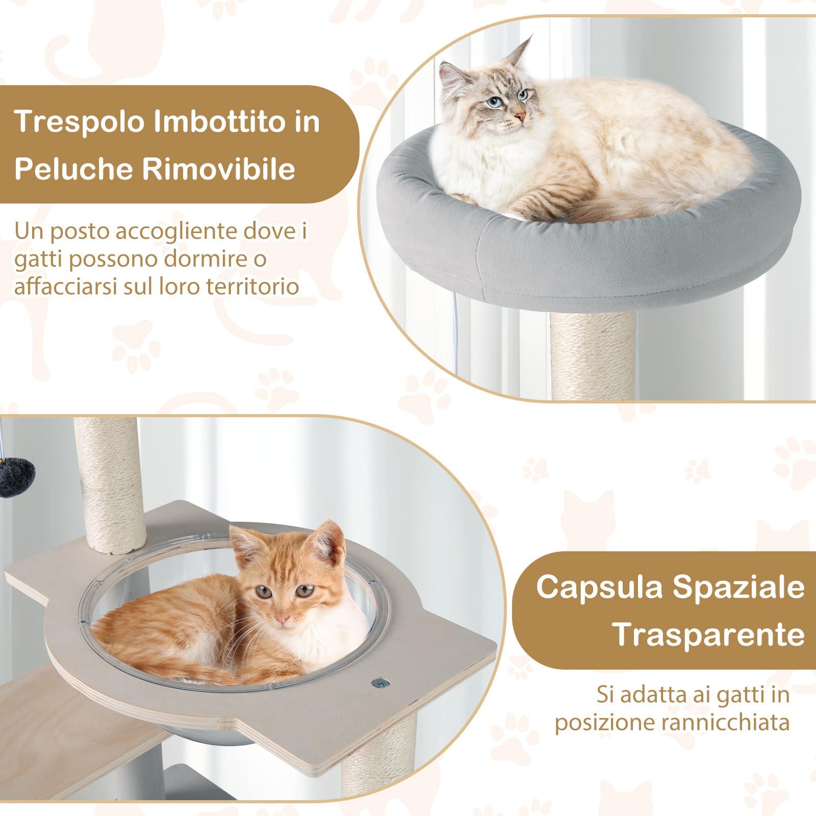COSTWAY Tiragraffi per Gatto Alto 113 cm con Capsula Spaziale, Albero Tiragraffi Gatti con 4 Pali in Sisal, Piattaforme, Trespolo e Pompon, Torre Gatto in Legno Solido, Naturale e Grigio