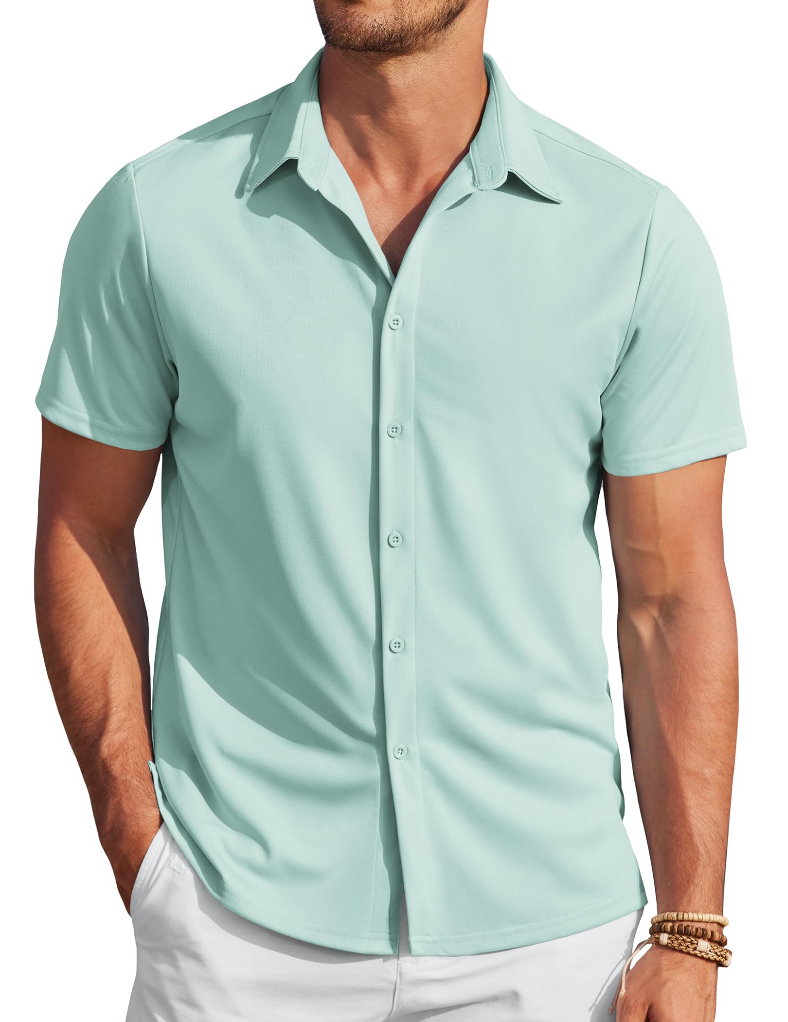 COOFANDY Mens Casual Wrinkle Free Shirts Short Sleeve Button Down Summer Stretch Dress Shirt