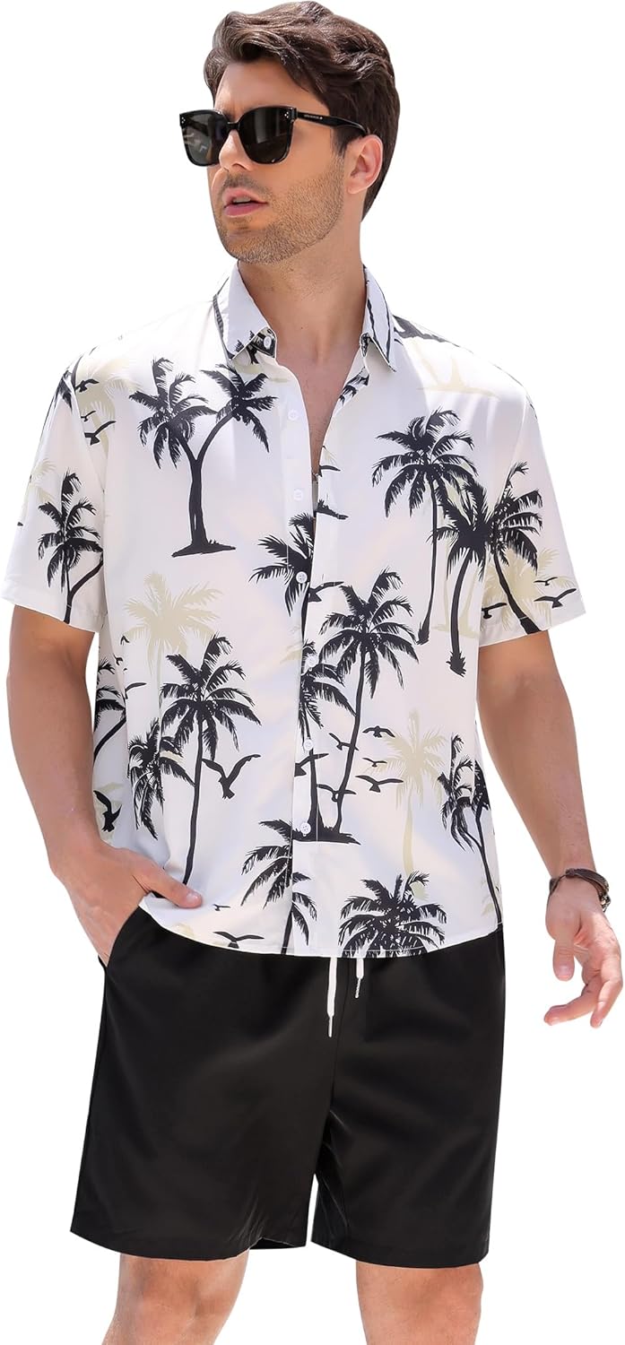 Mens hawaiian outfit 2 Piece Tropical Print Short Sleeve Button Down Shirt and Beach Shorts Summer Set