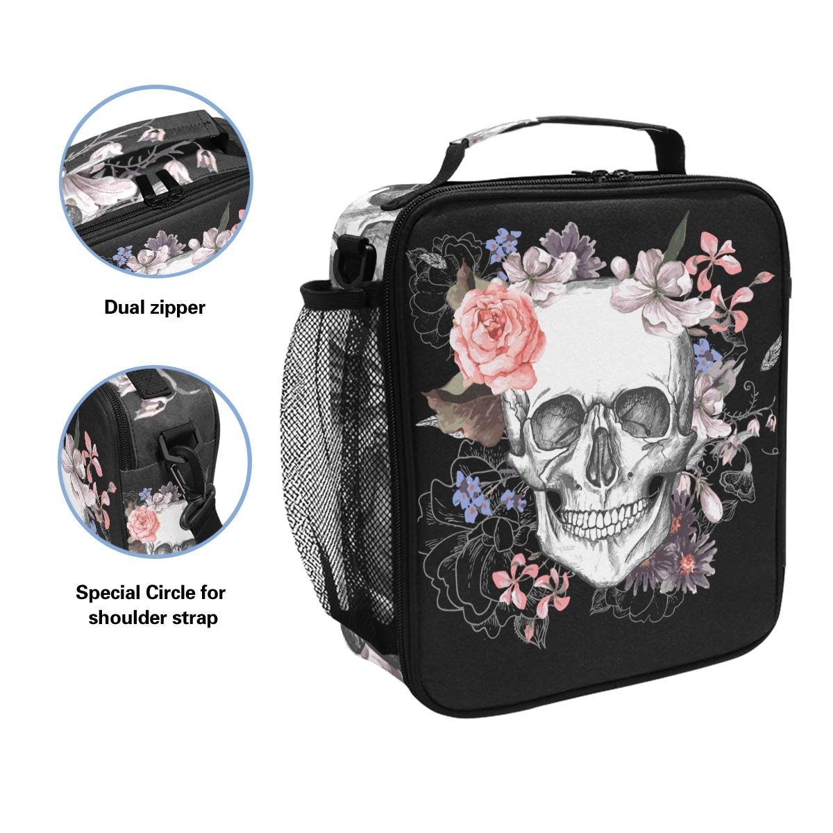 Collorful - Borsa termica per il pranzo con teschio a forma di fiore, riutilizzabile, per donne, uomini, ragazze, ragazzi, scuola, picnic, lavoro, viaggi