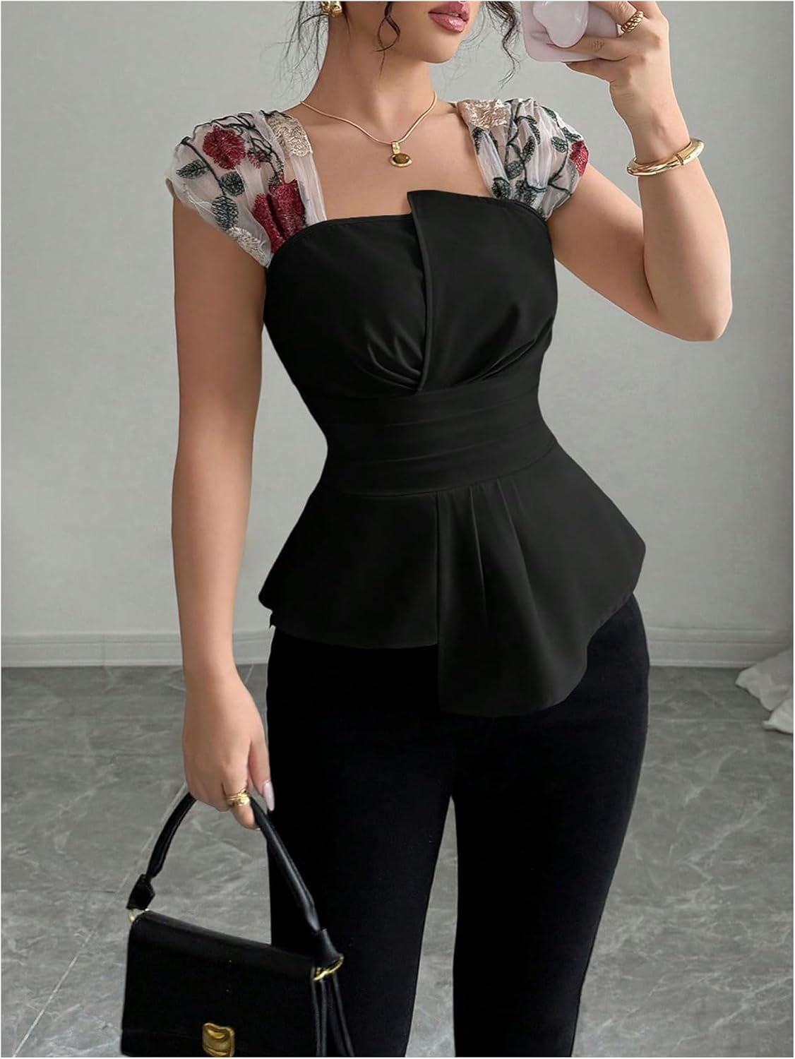 WDIRARA Women's Floral Mesh Asymmetrical Blouses Cap Sleeve Square Neck Ruched Top - Image 3