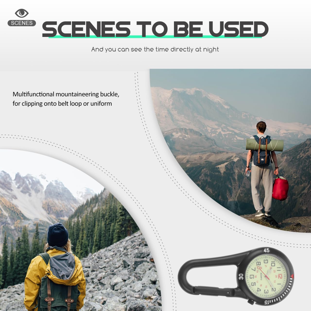 ULTECHNOVO Montre Clip sur Ceinture Lumineuse avec Cadran Fluorescent Et Mousqueton pour Infirmières Médecins Randonnée Escalade Sécurisée