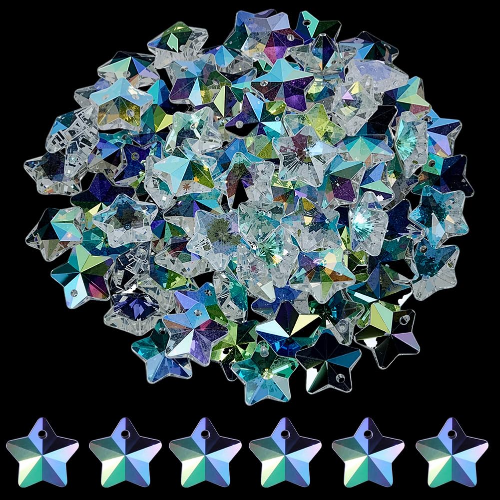 SOFPLATE 100Pcs Crystal Star Charms Faceted Star Glass Beads Bulk Clear AB Color 13 x 7mm Top Drilled Loose Bead Pentagram Celestial Charm for Jewellery Making Bracelet Earrings Pendants DIY Crafts
