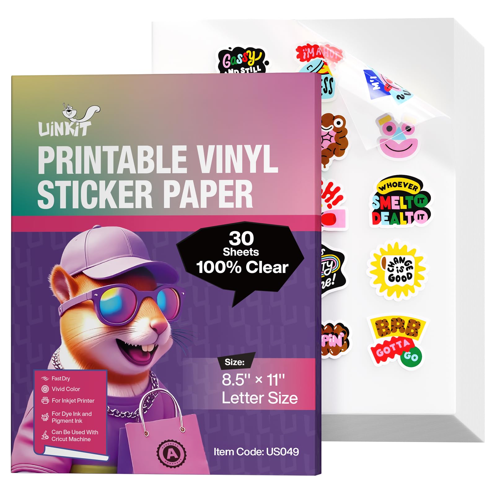 Photo 1 of Uinkit 100% Clear Printable Vinyl Sticker Paper - Letter Size (8.5"x11") | Vivid Colors, Self-Adhesive, Non-Waterproof 30 Sheets Labels for Product Packaging, Glass Jars & Custom DIY World Cup Sticker