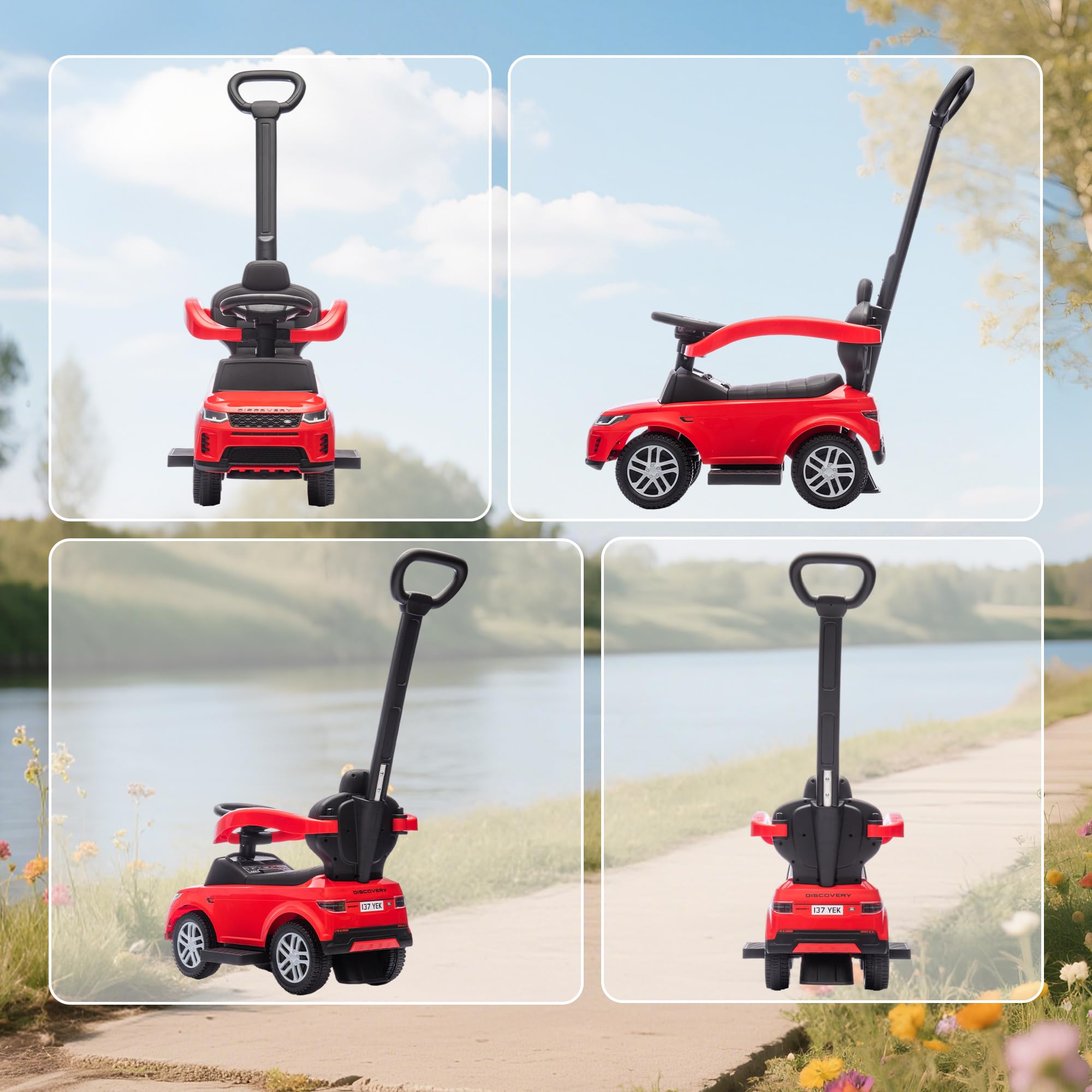 AIYAPLAY Coche Correpasillos 2 en 1 para Niños de 18-36 Meses Land Rover Discovery, Correpasillos con Espacio de Almacenaje, Bocina, Volante, Mango de Empuje y Barandilla Extraíbles, Rojo
