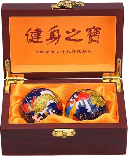 BRABUD Bolas de Baoding de 1.97 pulgadas para ejercicio de mano, bolas de estrés con campanillas, patrón de dragón y fénix, bolas azules con caja