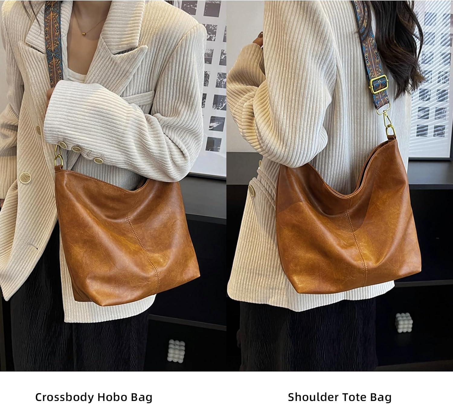 Hobo Bags for Women Crossbody Bag Guitar Strap Purse Vegan Leather Shoulder Handbags Boho Purses Tote Bucket Bag