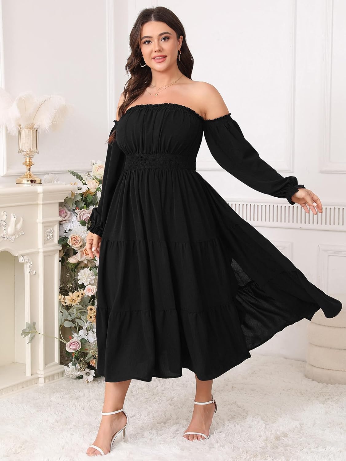 Plus Size Wedding Guest Dress Off The Shoulder Long Sleeve Smocked Slit Cocktail Party Maxi Dress for Curvy Women - Image 6