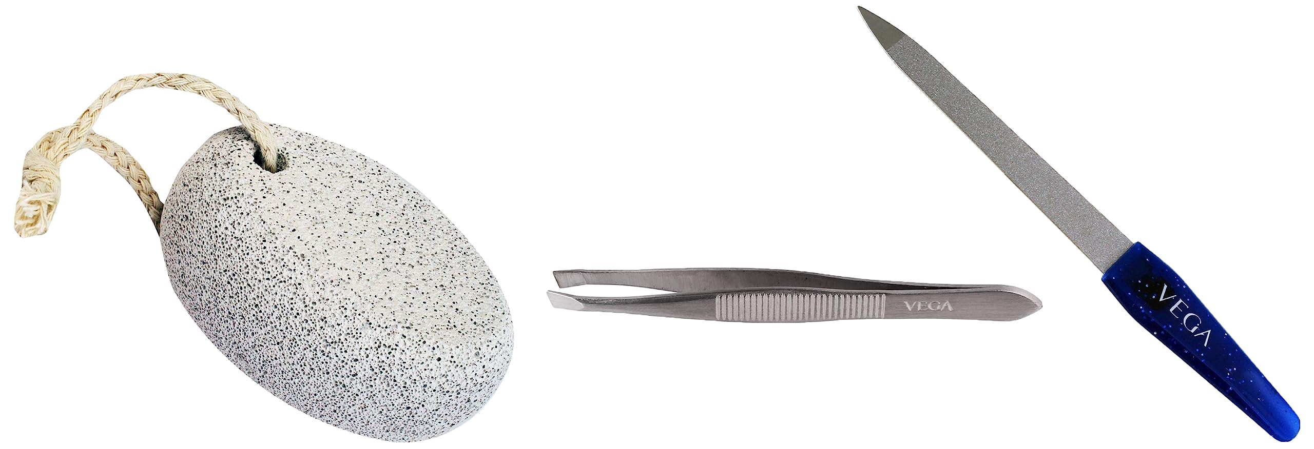 VEGA Oval Shaped Pumice Foot Tool Stone, White& Tweezer, Square Tip - 1 Pc& Nail File (Small), 1 Pc