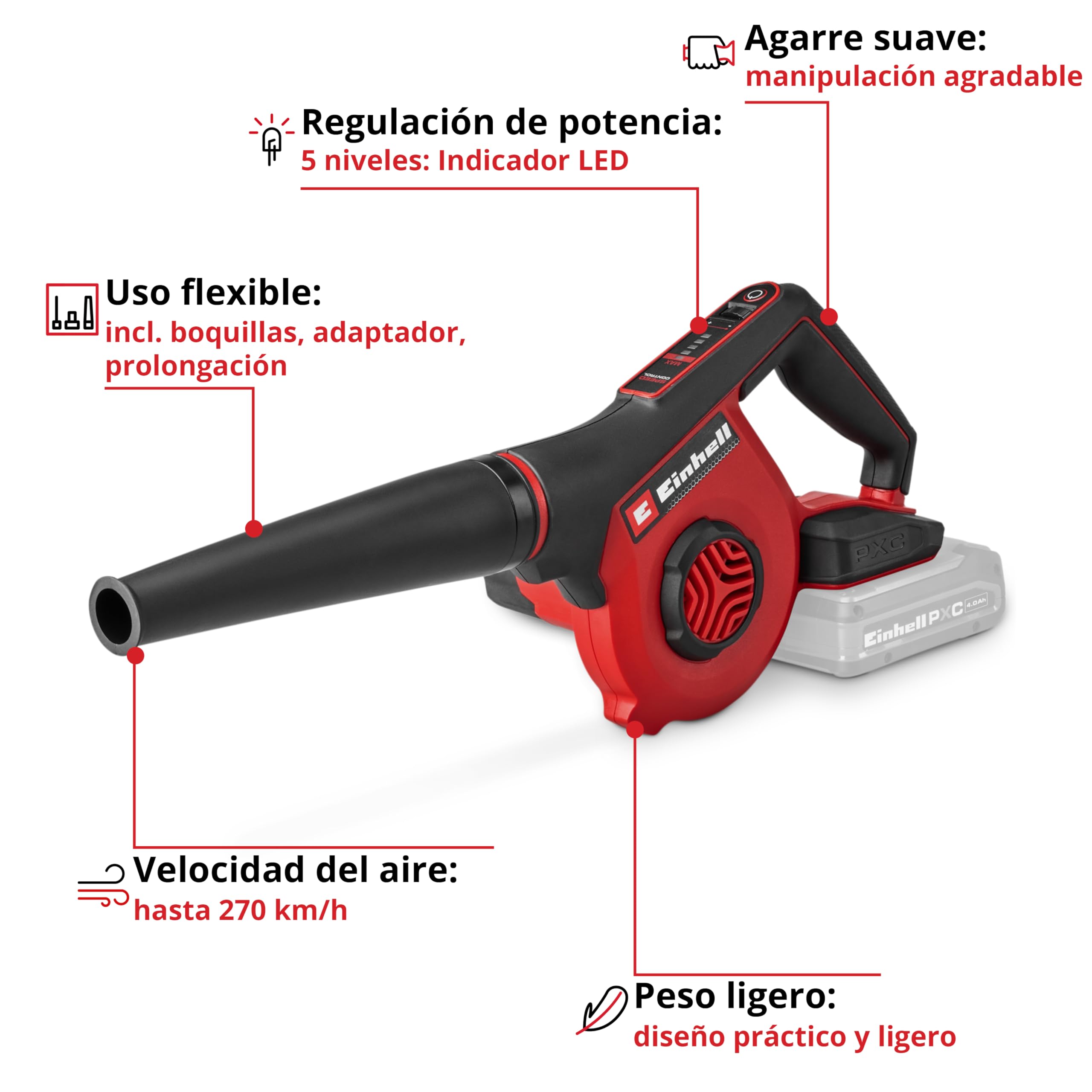 Einhell soplador con batería TE-CB 18/270 Li-Solo Power X-Change (18 V, máx. Velocidad del Aire 270 km/h, 5 Niveles, Incl. prolongación, Boquilla estándar, Plana y para taladros, sin batería)