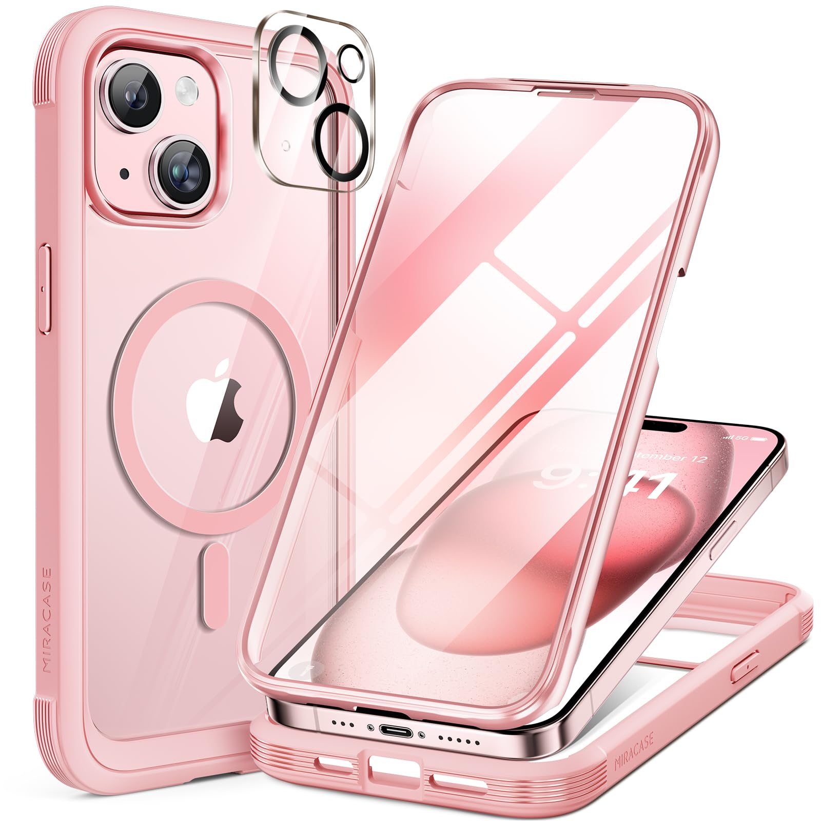 Miracase Glass Series for iPhone 15 Case [Compatible with MagSafe] Full-Body Magnetic Case with Built-in 9H Tempered Glass Anti-Fingerprint Screen Protector + Camera Lens Protector, Pink and Clear