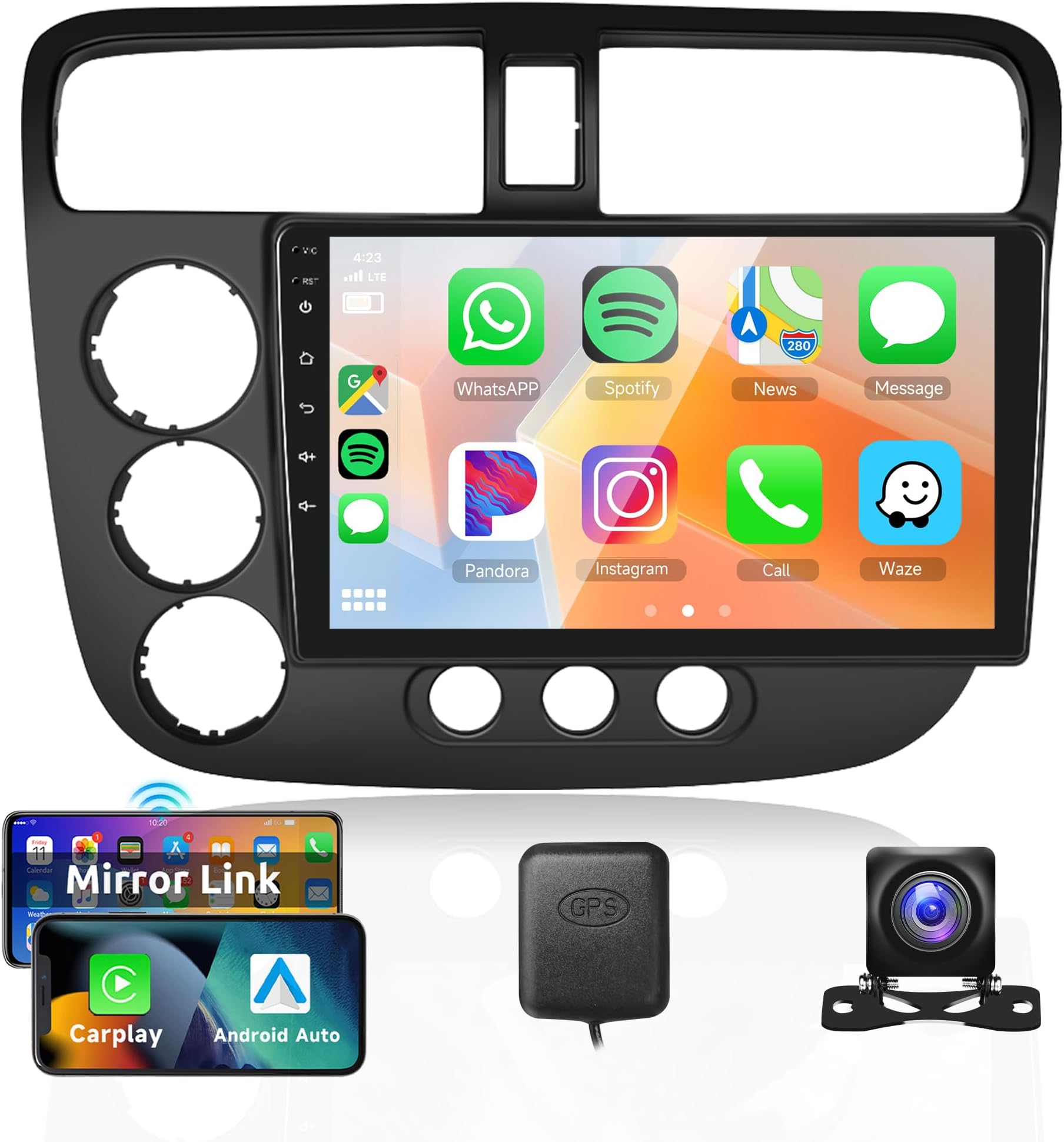 2G 64G CAR Stereo Radio for Honda Civic 2001-2005 Wireless CarPlay, Android 13 Rimoody 9 Inch Touchscreen Android Auto Mirror Link GPS WiFi Bluetooth FM/RDS EQ SWC Backup Camera