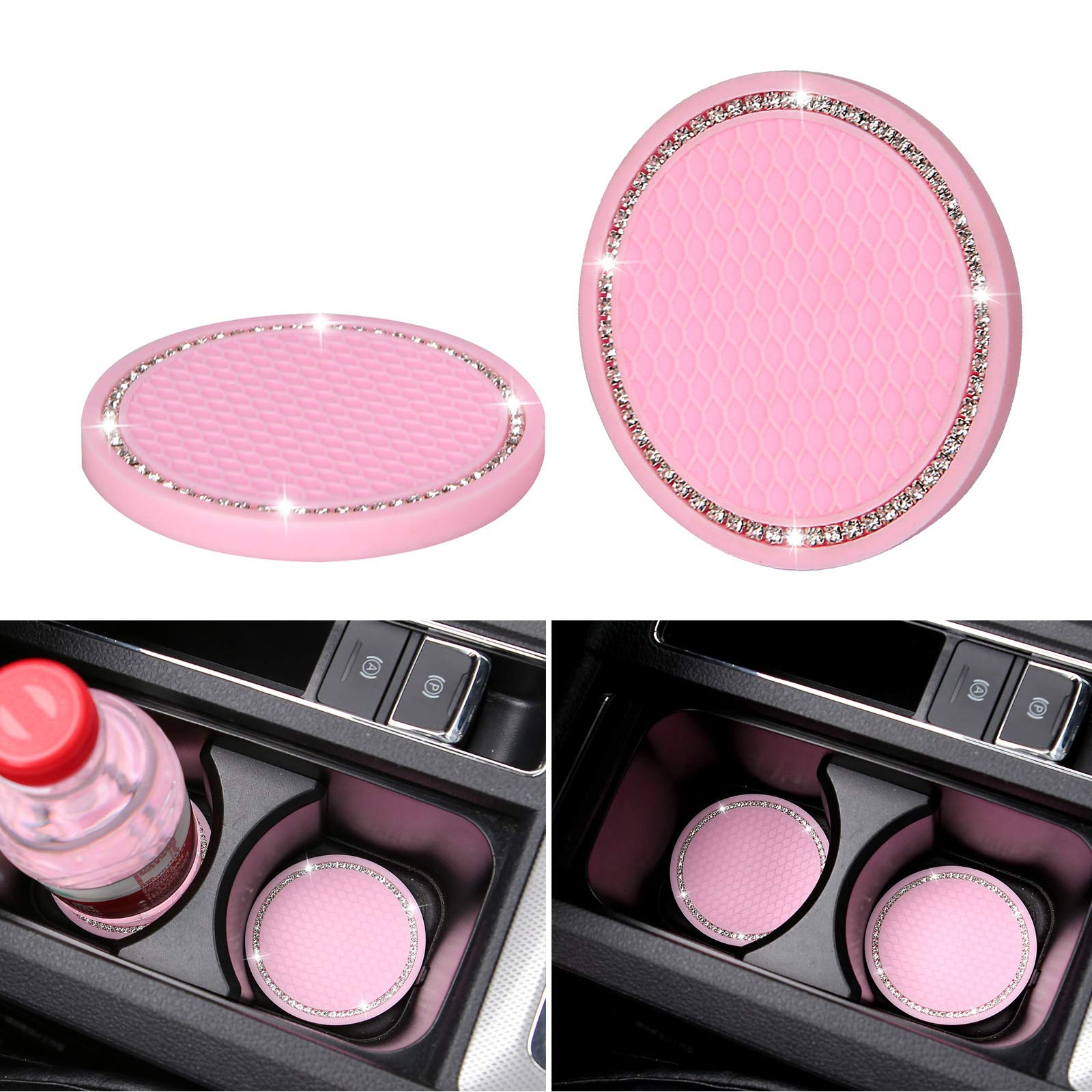 2 Pack Bling Car Coasters, 2.75 Inch Soft Rubber Cup Holder Pad Set Round Auto Cup Holder Insert Drink Coaster Car Interior Accessories