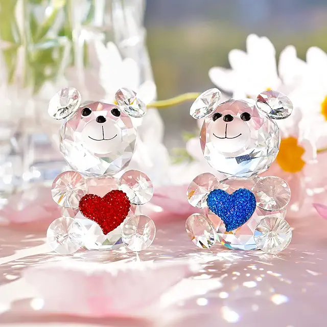 H&D Cut Crystal Bear Figurine - Glass Animal Collection Ornament (Red Blue)