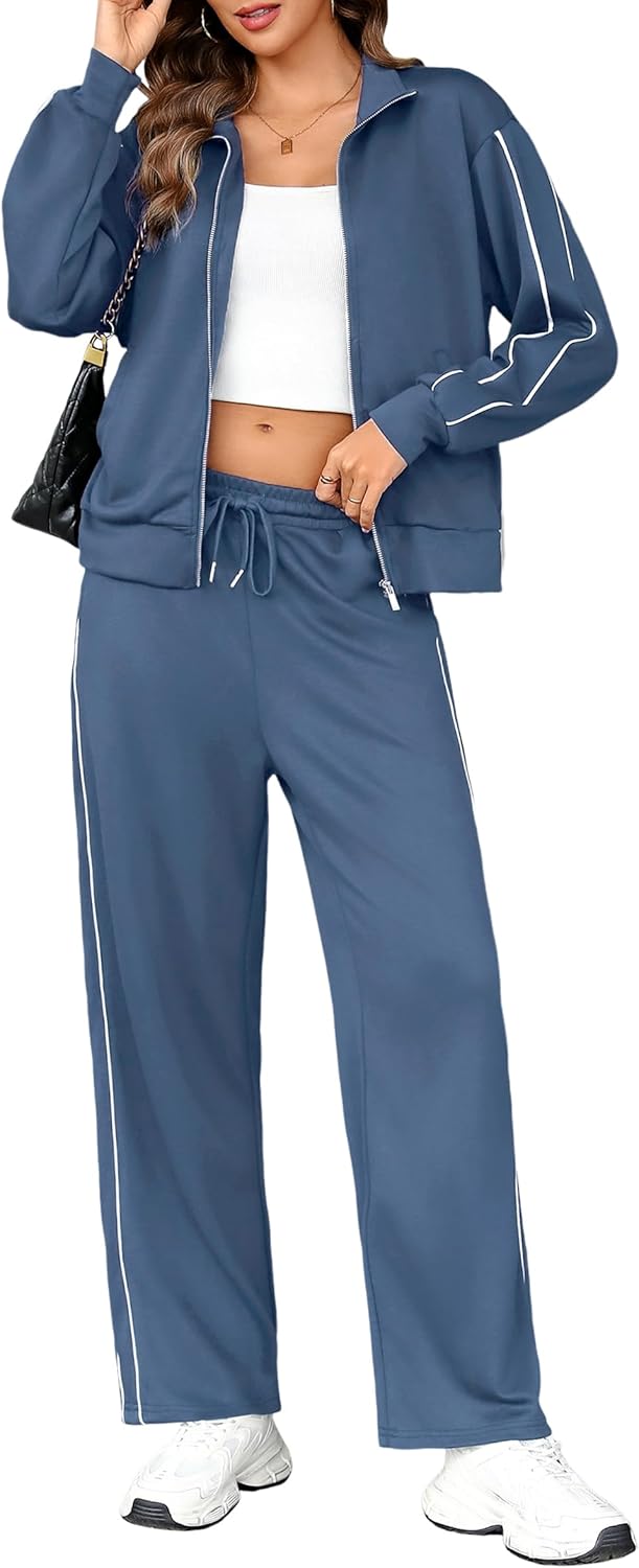 Totatuit Women 2 Piece Lounge Sets Sweatsuit 2025 Fall Long Sleeve Zip Up Sweatshirt Wide Leg pants Tracksuit Travel Outfits - Image 3