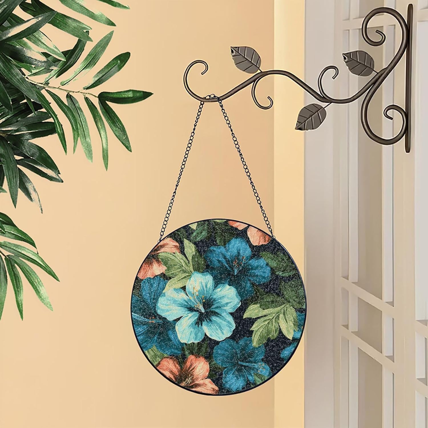 Hibiscus Flowers Pattern Stained Glass Suncatcher for Window Hanging Sun Catcher Ornament for Women Men Suncatcher for Home Decor, 8in（20cm） Round Glass Ornament for Mother's Day Birthday Gift