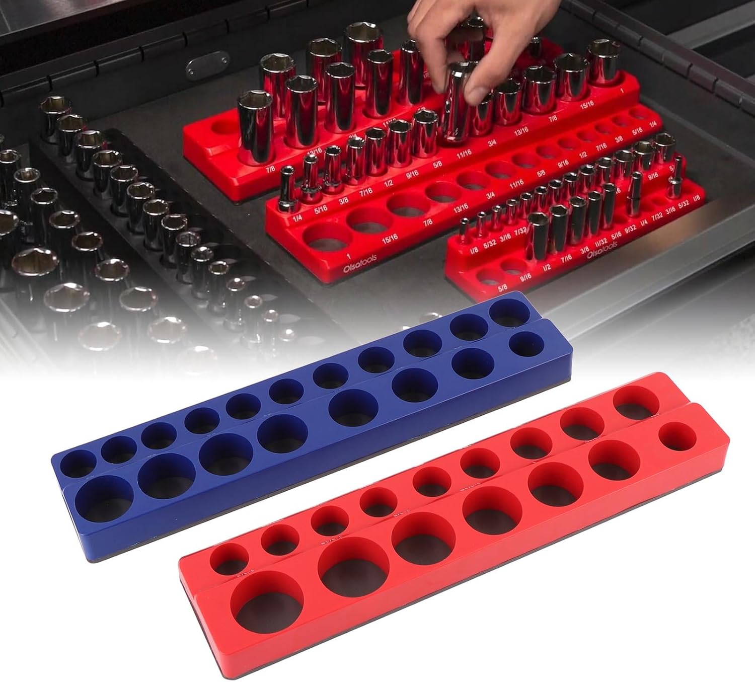 Jiawu Magnetic Socket Organizer Set 2 Piece, 1/2 Inch Drive Metric and SAE Socket Trays, Powerful Magnetic Socket Holder, Standard Socket Set Organizer for Tool Box Drawer