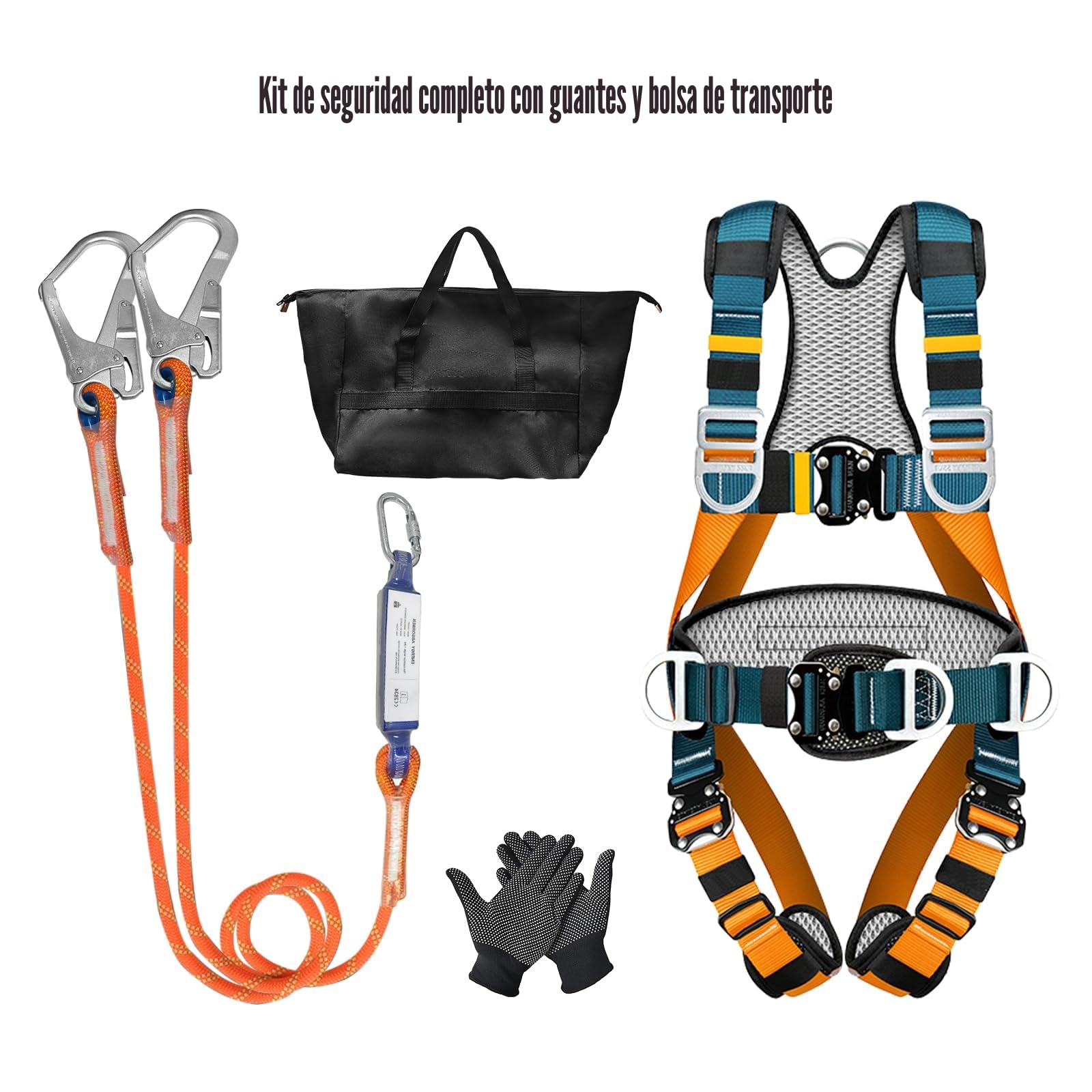 Arnés de seguridad completo con doble cuerda con absorbedor, carga 140 kg, acolchado transpirable, hebillas rápidas, arnes seguridad para tejados, escalada, construcción, trabajos en altura, hombre