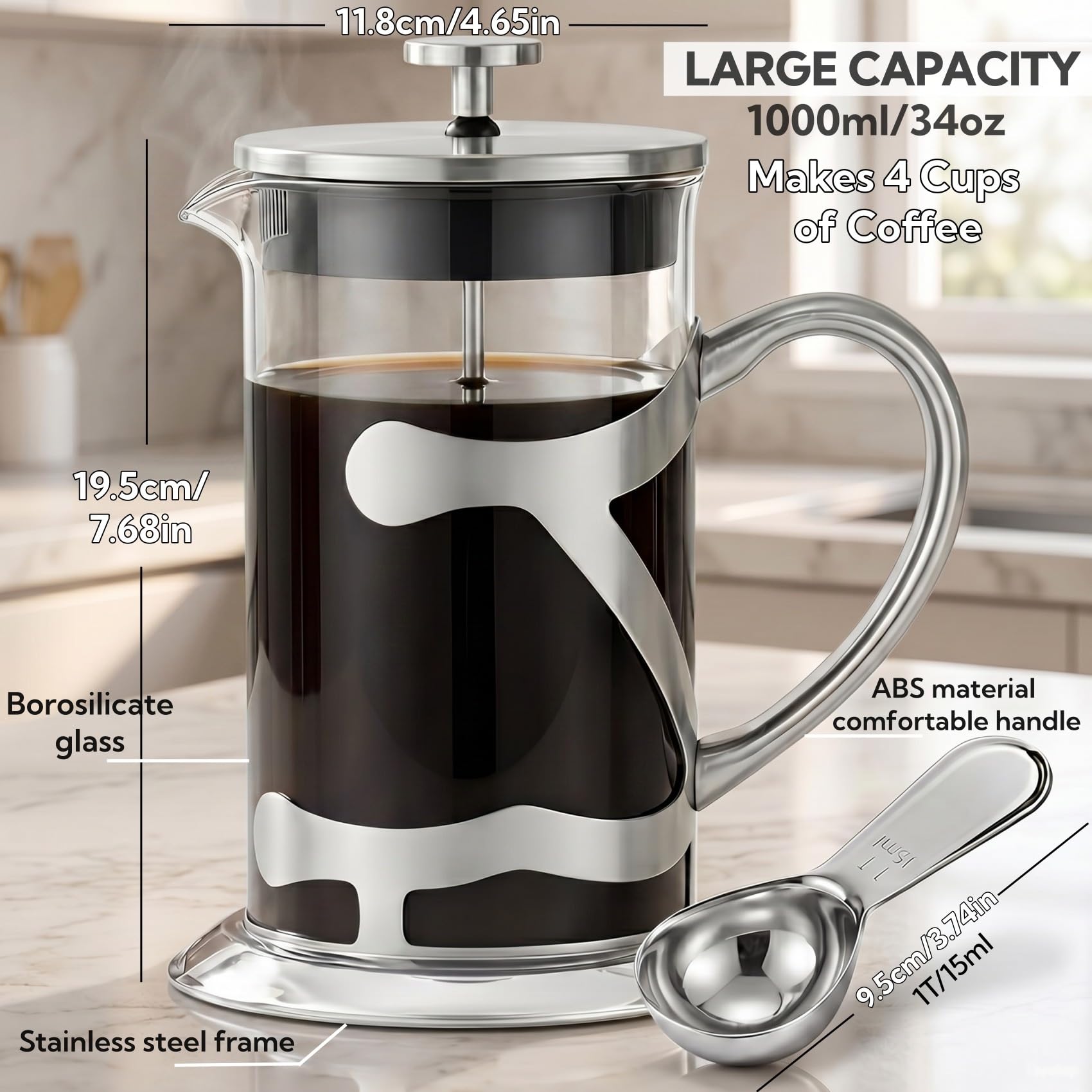 Cafetera de prensa francesa de acero inoxidable de 1 litro, prensa de café de vidrio de borosilicato resistente al calor con cuchara medidora de café, cafetera manual para café y té