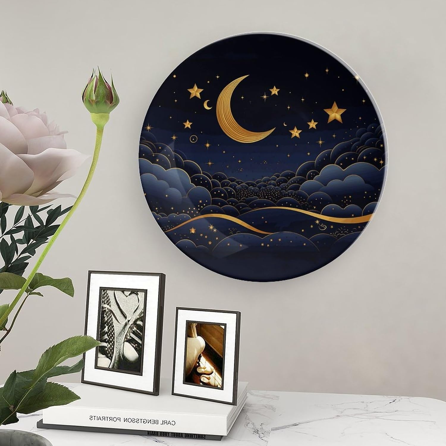 Stars And Moon Bone China Decorative Plate with Display Stand, Ceramic Ornaments Plate for Wall Hanging, Personalized Porcelain Plates for Office, Living Room 8inch