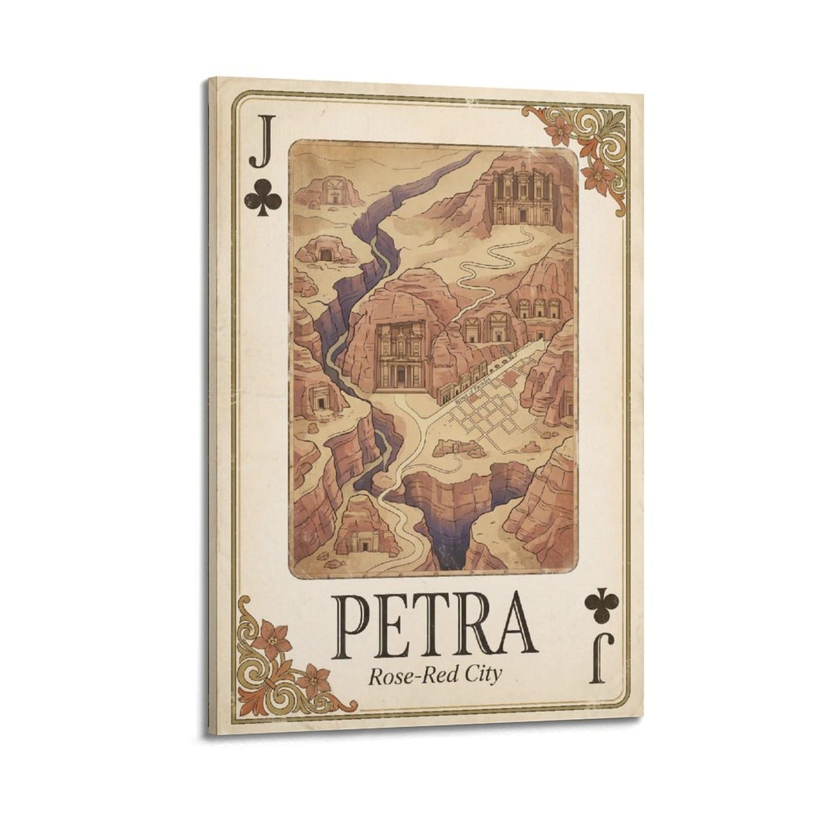 Okngb Frame-Style Vintage City Map Poster Petra Jordan Rose City Playing Card Style Decorative Painting Canvas Art Picture 12X18inch(30X45cm)