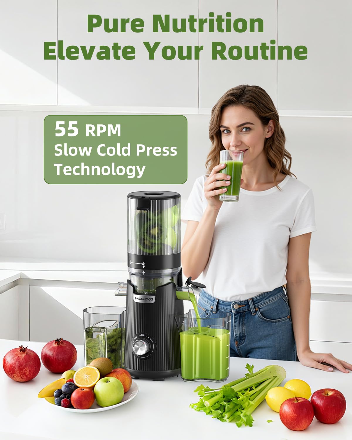 ACOQOOS Entsafter für Ganze Gemüse und Obst 135mm, 1,8 L Slow Juicer, Elektrische Saftpresse, Obsidianschwarz